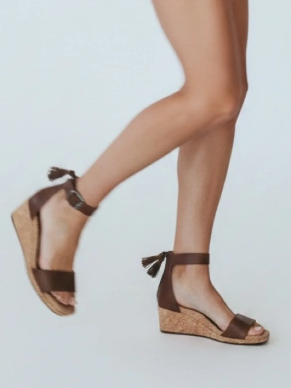 UGG Zoe Cork Brown Leather Cork Wedge Sandals with Tassel - Picture 1 of 6